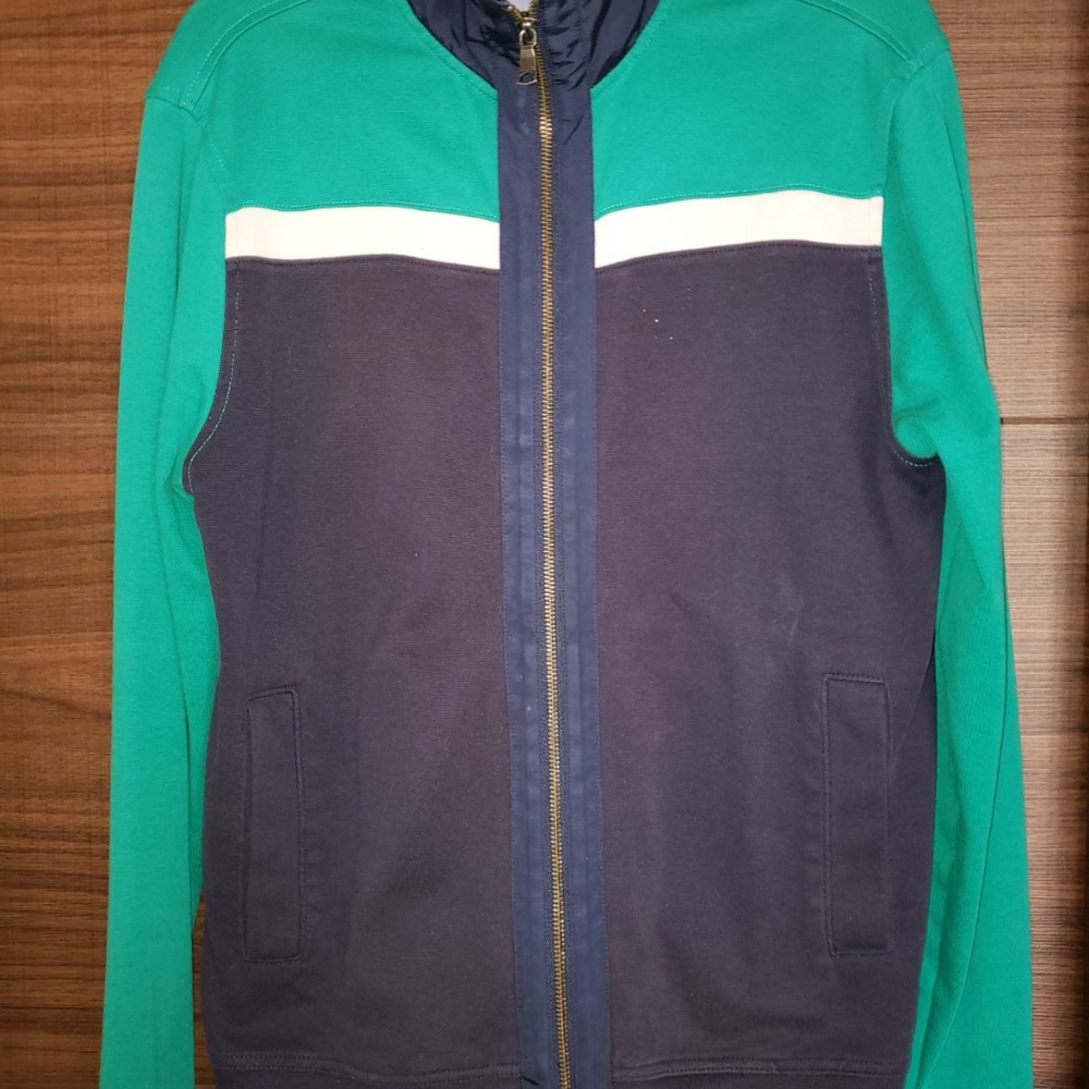 Banana Republic Mens Cotton Full Zip Sweater in Navy/Green/White  Medium.